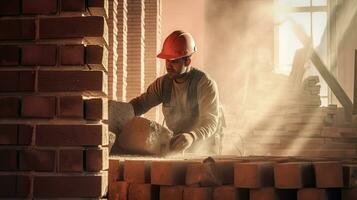 Bricklayer installing bricks on construction site. Generative Ai photo