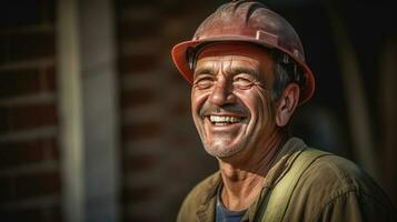 retrato de contento albañil a construcción sitio. generativo ai foto