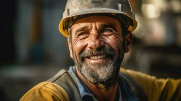 retrato de contento albañil a construcción sitio. generativo ai foto