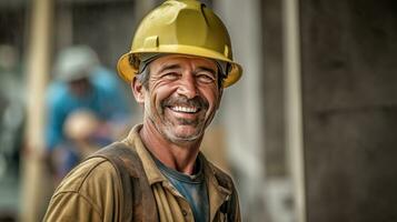 Portrait of Happy bricklayer at construction site. Generative Ai photo