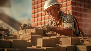 Happy bricklayer installing bricks on construction site. Generative Ai photo