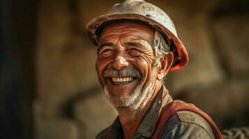 retrato de contento albañil a construcción sitio. generativo ai foto