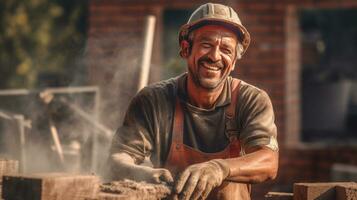 contento albañil instalando ladrillos en construcción sitio. generativo ai foto