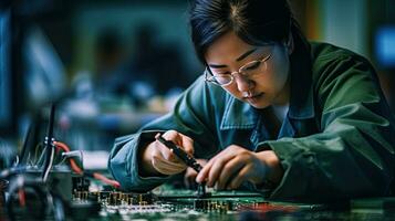 un mujer es utilizando alicate a montar impreso circuito tablero para teléfono inteligente electrónica fábrica trabajadores en un alto tecnología fábrica instalación. generativo ai foto