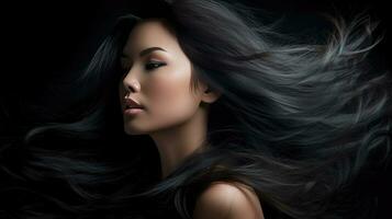 A Beautiful Woman Black Hair. Beautiful Black Hair Blowing. Generative Ai photo