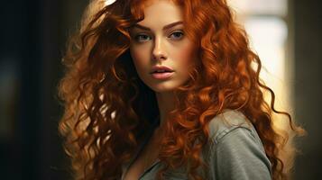 A Beautiful model girl with long red curly hair. Red head. Generative Ai photo