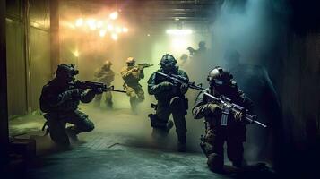 un equipo de militar especial efectivo infiltrando un alta seguridad instalación, utilizando noche visión gafas de protección y reprimido armas de fuego generativo ai foto