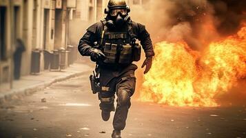 A special forces officer flees from fire at a protest. Generative Ai photo