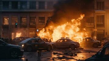 revolucionario disturbios y protestas ardiente edificio y carros en el ciudad. especial fuerza policía con equipo atrapando manifestantes en el noche. generativo ai foto