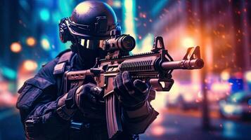 A special forces soldier polices group with high technology gun and weapon working in night city. Generative Ai photo