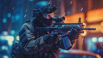 un especial efectivo soldado policia grupo con alto tecnología pistola y arma trabajando en noche ciudad. generativo ai foto
