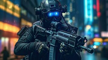 A special forces soldier polices group with high technology gun and weapon working in night city. Generative Ai photo