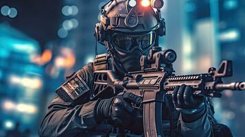 A special forces soldier polices group with high technology gun and weapon working in night city. Generative Ai photo