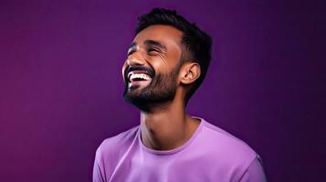 Smiling indian young man on lilac background. Generative Ai photo