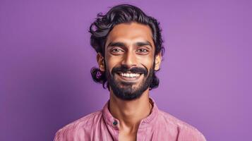 Smiling indian young man on lilac background. Generative Ai photo