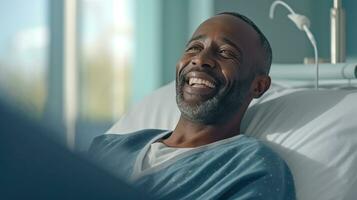 A male patient lying satisfied smiling at modern hospital patient bed. health medical. Generative Ai photo