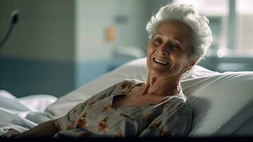 A Senior female patient lying satisfied smiling at modern hospital patient bed. health medical. Generative Ai photo