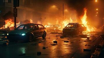 revolucionario disturbios y protestas ardiente edificio y carros en el ciudad. especial fuerza policía con equipo atrapando manifestantes en el noche. generativo ai foto