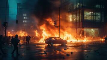 revolucionario disturbios y protestas ardiente edificio y carros en el ciudad. especial fuerza policía con equipo atrapando manifestantes en el noche. generativo ai foto