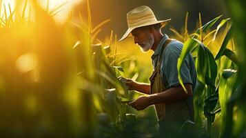 Agriculturist on farm, Worker working in growing green corn fields. agriculture. Generative Ai photo