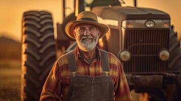 agricultor, retrato de contento granjero en pie cerca un tractor o un combinar segador en maíz campo. agricultura. generativo ai foto
