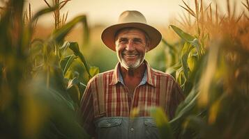 Agriculturist, Portrait of Happy senior farmer in growing corn field. agriculture. Generative Ai photo