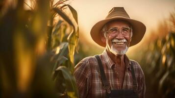 Agriculturist, Portrait of Happy senior farmer in growing corn field. agriculture. Generative Ai photo