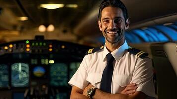 A confident male pilot in uniform keeping arms crossed and smiling while standing inside of the airplane. Generative Ai photo