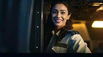 un confidente masculino piloto en uniforme acuerdo brazos cruzado y sonriente mientras en pie dentro de el avión. generativo ai foto