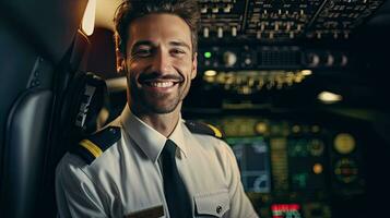 A confident male pilot in uniform keeping arms crossed and smiling while standing inside of the airplane. Generative Ai photo