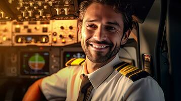 A confident male pilot in uniform keeping arms crossed and smiling while standing inside of the airplane. Generative Ai photo