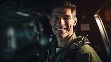 A confident male pilot in uniform keeping arms crossed and smiling while standing inside of the airplane. Generative Ai photo