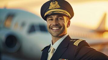 alegre pilotos, un joven hombre aerolínea trabajador conmovedor capitán sombrero y sonriente mientras en pie en aeródromo con avión en antecedentes. generativo ai foto