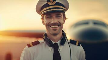 alegre pilotos, un joven hombre aerolínea trabajador conmovedor capitán sombrero y sonriente mientras en pie en aeródromo con avión en antecedentes. generativo ai foto