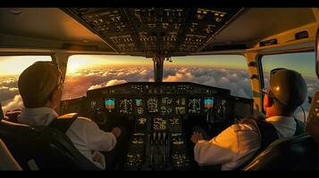 Pilots fly the plane. View from the cockpit of a modern passenger plane on the clouds behind the aircraft window. Generative Ai photo