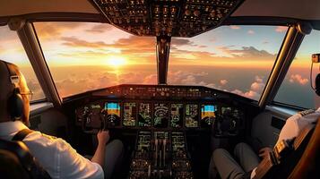 pilotos mosca el avión. ver desde el cabina de un moderno pasajero avión en el nubes detrás el aeronave ventana. generativo ai foto