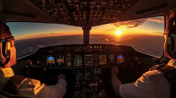 Pilots fly the plane. View from the cockpit of a modern passenger plane on the clouds behind the aircraft window. Generative Ai photo