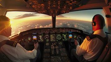 pilotos mosca el avión. ver desde el cabina de un moderno pasajero avión en el nubes detrás el aeronave ventana. generativo ai foto