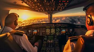 pilotos mosca el avión. ver desde el cabina de un moderno pasajero avión en el nubes detrás el aeronave ventana. generativo ai foto