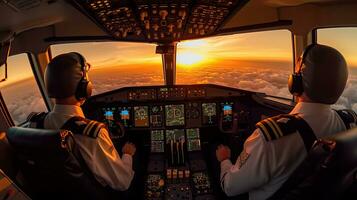 Pilots fly the plane. View from the cockpit of a modern passenger plane on the clouds behind the aircraft window. Generative Ai photo