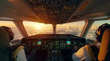 pilotos mosca el avión. ver desde el cabina de un moderno pasajero avión en el nubes detrás el aeronave ventana. generativo ai foto