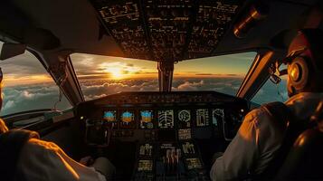 Pilots fly the plane. View from the cockpit of a modern passenger plane on the clouds behind the aircraft window. Generative Ai photo