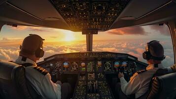 Pilots fly the plane. View from the cockpit of a modern passenger plane on the clouds behind the aircraft window. Generative Ai photo