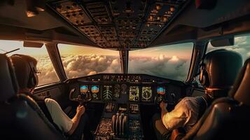 Pilots fly the plane. View from the cockpit of a modern passenger plane on the clouds behind the aircraft window. Generative Ai photo
