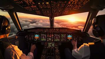 Pilots fly the plane. View from the cockpit of a modern passenger plane on the clouds behind the aircraft window. Generative Ai photo