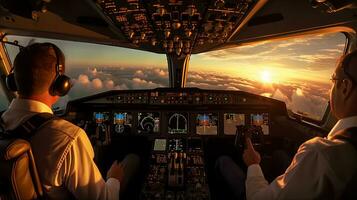 Pilots fly the plane. View from the cockpit of a modern passenger plane on the clouds behind the aircraft window. Generative Ai photo