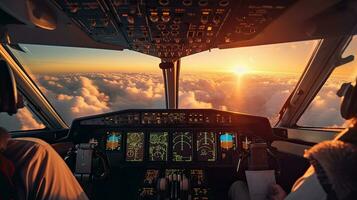 pilotos mosca el avión. ver desde el cabina de un moderno pasajero avión en el nubes detrás el aeronave ventana. generativo ai foto