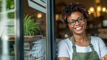 Portrait of happy African American woman standing at doorway of her store. Cheerful mature waitress waiting for clients at coffee shop. Small Business Owner. Generative Ai photo