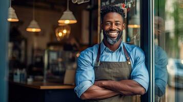 Portrait of happy African American man standing at doorway of her store. Cheerful mature waitress waiting for clients at coffee shop. Small Business Owner. Generative Ai photo