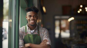 Portrait of happy African American man standing at doorway of her store. Cheerful mature waitress waiting for clients at coffee shop. Small Business Owner. Generative Ai photo